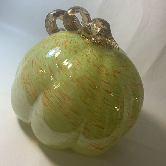 Vintage Art Glass Pumpkin Hand Blown Orange Green Applied Stem Collector Holiday - Picture 4 of 9